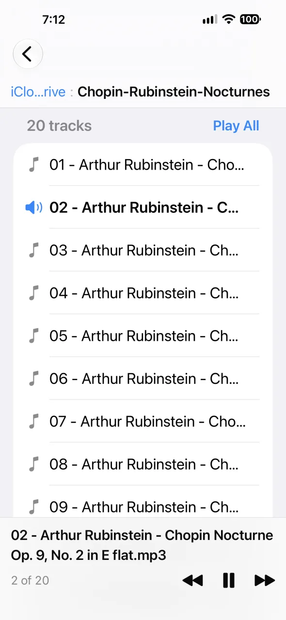 Attacca track list for Chopin-Rubinstein-Nocturnes, with Play All and the current track highlighted